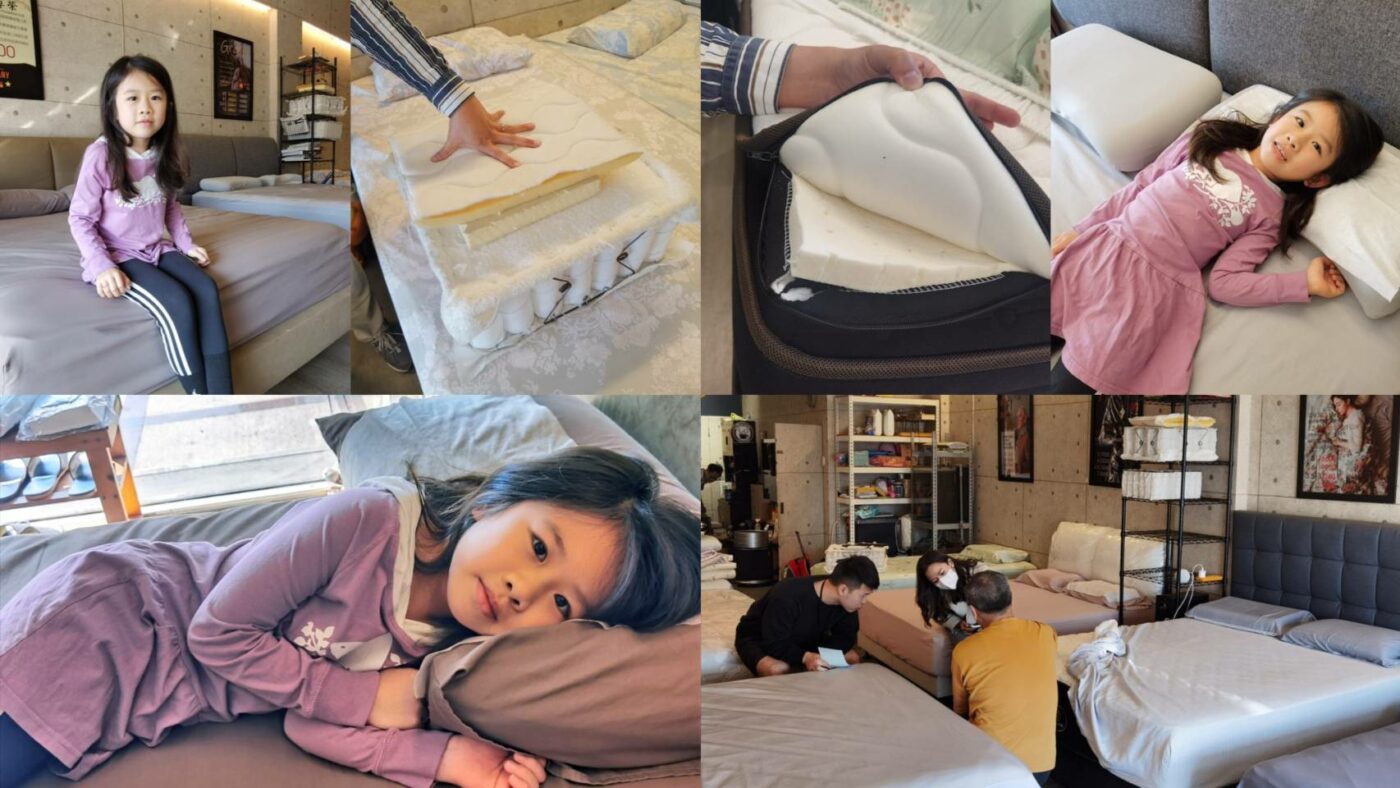 小女孩在生活搖籃門市試躺與床墊剖面拼圖